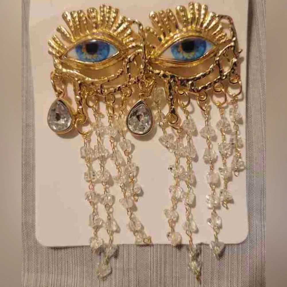 “Blue Eye Chandelier” Vivid Realism Cry Iris Tiered Crystal Tear Tassel Earrings - Picture 10 of 12